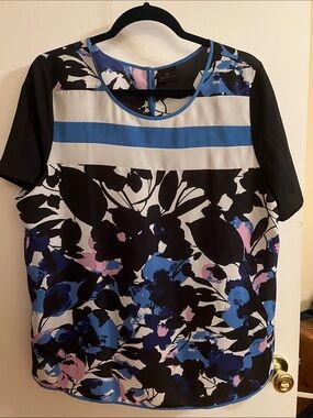 Worthington Floral Stripe Short-Sleeve Blouse in Black and Blue